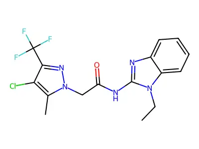 2-[4-chloro-5-methyl-3-(trifluoromethyl)pyrazol-1-yl]-N-(1-ethylbenzimidazol-2-yl)acetamide structure