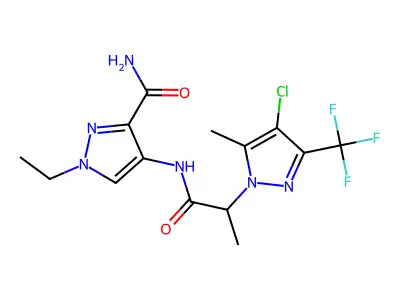 4-({2-[4-chloro-5-methyl-3-(trifluoromethyl)-1H-pyrazol-1-yl]propanoyl}amino)-1-ethyl-1H-pyrazole-3-carboxamide structure
