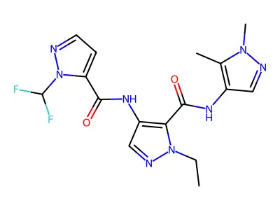 4-({[1-(difluoromethyl)-1H-pyrazol-5-yl]carbonyl}amino)-N-(1,5-dimethyl-1H-pyrazol-4-yl)-1-ethyl-1H-pyrazole-5-carboxamide structure
