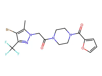 2-[4-bromo-5-methyl-3-(trifluoromethyl)pyrazol-1-yl]-1-[4-(furan-2-carbonyl)piperazin-1-yl]ethanone structure