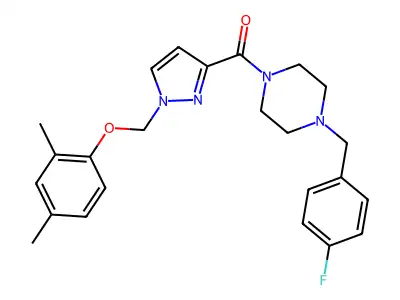 [1-[(2,4-dimethylphenoxy)methyl]pyrazol-3-yl]-[4-[(4-fluorophenyl)methyl]piperazin-1-yl]methanone structure