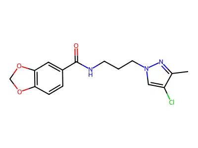 N-[3-(4-chloro-3-methylpyrazol-1-yl)propyl]-1,3-benzodioxole-5-carboxamide structure