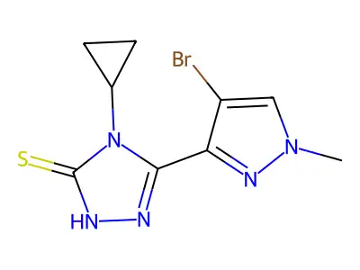 3-(4-bromo-1-methylpyrazol-3-yl)-4-cyclopropyl-1H-1,2,4-triazole-5-thione structure
