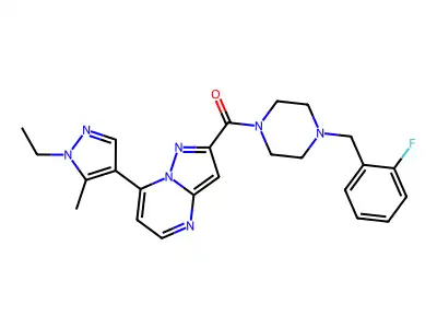 [7-(1-ethyl-5-methylpyrazol-4-yl)pyrazolo[1,5-a]pyrimidin-2-yl]-[4-[(2-fluorophenyl)methyl]piperazin-1-yl]methanone structure