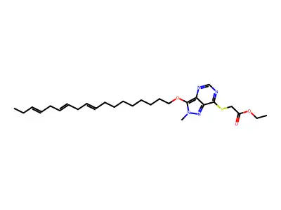 Acetic acid,[[2-methyl-3-(9,12,15-octadecatrienyloxy)-2H-pyrazolo[4,3-d]pyrimidin-7-yl]thio]-,ethyl ester (9CI) structure