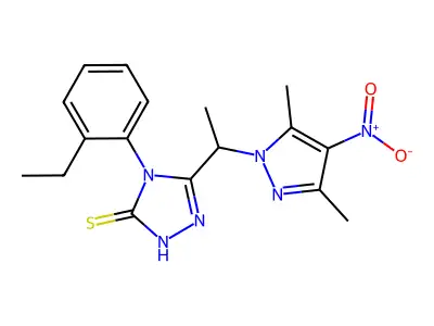 3-[1-(3,5-dimethyl-4-nitropyrazol-1-yl)ethyl]-4-(2-ethylphenyl)-1H-1,2,4-triazole-5-thione structure