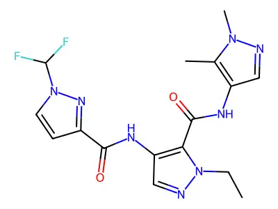 4-[[1-(difluoromethyl)pyrazole-3-carbonyl]amino]-N-(1,5-dimethylpyrazol-4-yl)-2-ethylpyrazole-3-carboxamide structure