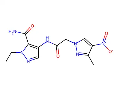 2-Ethyl-4-[[2-(3-methyl-4-nitropyrazol-1-yl)acetyl]amino]pyrazole-3-carboxamide structure