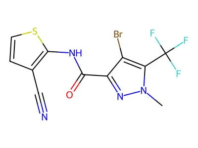 4-bromo-N-(3-cyanothiophen-2-yl)-1-methyl-5-(trifluoromethyl)pyrazole-3-carboxamide structure