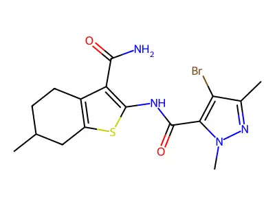 4-bromo-N-(3-carbamoyl-6-methyl-4,5,6,7-tetrahydro-1-benzothiophen-2-yl)-2,5-dimethylpyrazole-3-carboxamide structure