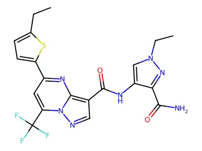 N-(3-carbamoyl-1-ethylpyrazol-4-yl)-5-(5-ethylthiophen-2-yl)-7-(trifluoromethyl)pyrazolo[1,5-a]pyrimidine-3-carboxamide structure