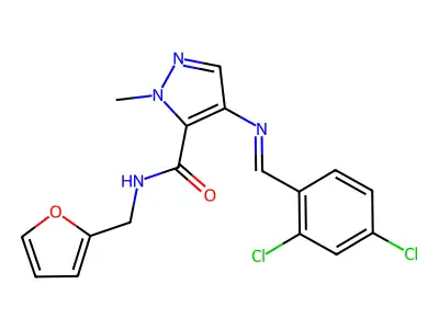 4-[(2,4-dichlorophenyl)methylideneamino]-N-(2-furylmethyl)-2-methyl-pyrazole-3-carboxamide structure