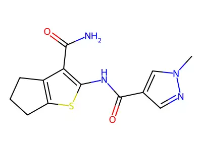N-(3-carbamoyl-5,6-dihydro-4H-cyclopenta[b]thiophen-2-yl)-1-methylpyrazole-4-carboxamide structure