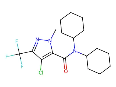 4-chloro-N,N-dicyclohexyl-2-methyl-5-(trifluoromethyl)pyrazole-3-carboxamide structure