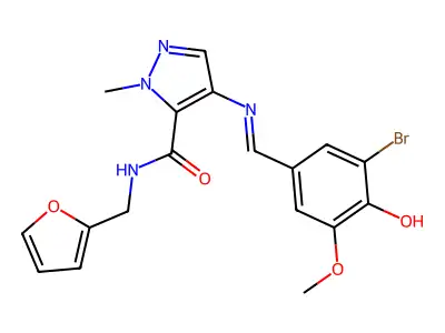 (E)-4-((3-bromo-4-hydroxy-5-methoxybenzylidene)amino)-N-(furan-2-ylmethyl)-1-methyl-1H-pyrazole-5-carboxamide structure