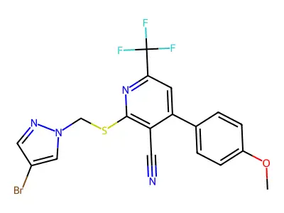 2-[[(4-Bromo-1H-pyrazol-1-yl)methyl]thio]-4-(4-methoxyphenyl)-6-(trifluoromethyl)-3-pyridinecarbonitrile structure