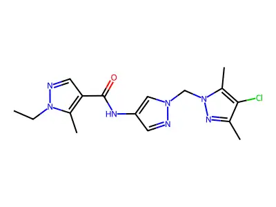 N-[1-[(4-chloro-3,5-dimethylpyrazol-1-yl)methyl]pyrazol-4-yl]-1-ethyl-5-methylpyrazole-4-carboxamide structure