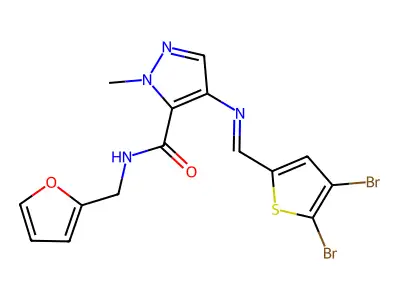 (E)-4-(((4,5-dibromothiophen-2-yl)methylene)amino)-N-(furan-2-ylmethyl)-1-methyl-1H-pyrazole-5-carboxamide structure