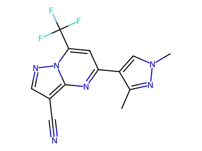5-(1,3-dimethyl-1H-pyrazol-4-yl)-7-(trifluoromethyl)pyrazolo[1,5-a]pyrimidine-3-carbonitrile structure