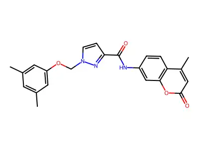 1-[(3,5-dimethylphenoxy)methyl]-N-(4-methyl-2-oxochromen-7-yl)pyrazole-3-carboxamide structure