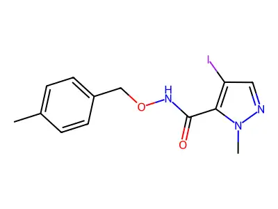 4-iodo-2-methyl-N-[(4-methylphenyl)methoxy]pyrazole-3-carboxamide structure
