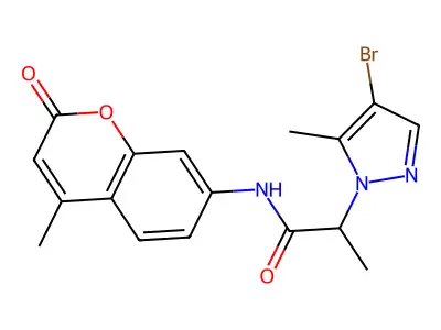 2-(4-bromo-5-methylpyrazol-1-yl)-N-(4-methyl-2-oxochromen-7-yl)propanamide structure