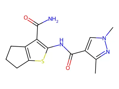 N-(3-carbamoyl-5,6-dihydro-4H-cyclopenta[b]thiophen-2-yl)-1,3-dimethylpyrazole-4-carboxamide structure