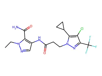 4-({3-[4-chloro-5-cyclopropyl-3-(trifluoromethyl)-1H-pyrazol-1-yl]propanoyl}amino)-1-ethyl-1H-pyrazole-5-carboxamide structure