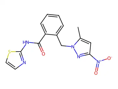 2-[(5-methyl-3-nitropyrazol-1-yl)methyl]-N-(1,3-thiazol-2-yl)benzamide structure