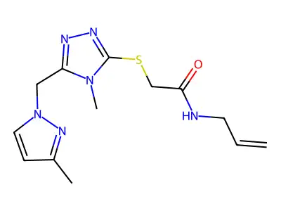 2-[[4-methyl-5-[(3-methylpyrazol-1-yl)methyl]-1,2,4-triazol-3-yl]sulfanyl]-N-prop-2-enylacetamide structure