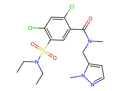 2,4-dichloro-5-(diethylsulfamoyl)-N-methyl-N-[(2-methylpyrazol-3-yl)methyl]benzamide structure