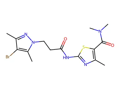 2-[3-(4-bromo-3,5-dimethylpyrazol-1-yl)propanoylamino]-N,N,4-trimethyl-1,3-thiazole-5-carboxamide structure