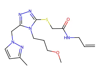 2-[[4-(3-methoxypropyl)-5-[(3-methylpyrazol-1-yl)methyl]-1,2,4-triazol-3-yl]sulfanyl]-N-prop-2-enylacetamide structure
