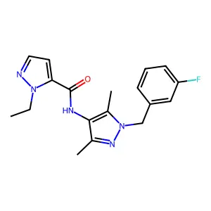 1-ethyl-N-[1-(3-fluorobenzyl)-3,5-dimethyl-1H-pyrazol-4-yl]-1H-pyrazole-5-carboxamide structure