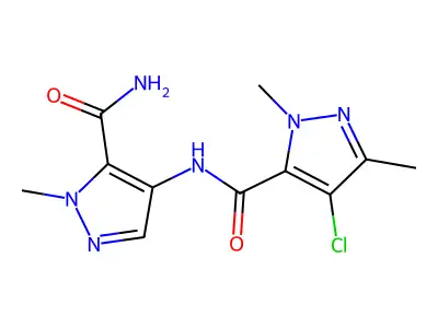 N-(5-carbamoyl-1-methylpyrazol-4-yl)-4-chloro-2,5-dimethylpyrazole-3-carboxamide structure