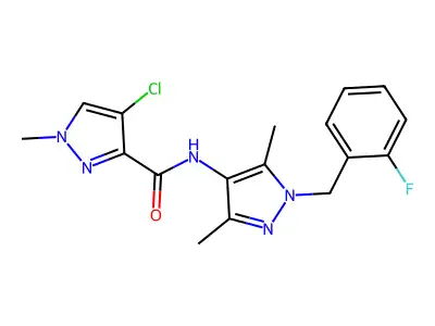 4-chloro-N-[1-(2-fluorobenzyl)-3,5-dimethyl-1H-pyrazol-4-yl]-1-methyl-1H-pyrazole-3-carboxamide structure