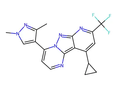 10-cyclopropyl-4-(1,3-dimethyl-1H-pyrazol-4-yl)-8-(trifluoromethyl)pyrido[2',3':3,4]pyrazolo[1,5-a]pyrimidine structure