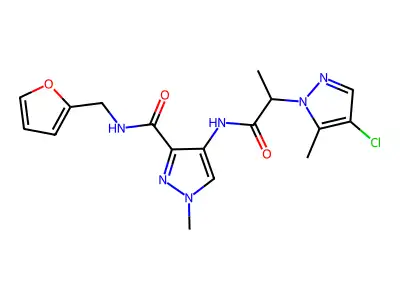 4-[2-(4-chloro-5-methylpyrazol-1-yl)propanoylamino]-N-(furan-2-ylmethyl)-1-methylpyrazole-3-carboxamide structure
