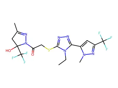 2-[[4-ethyl-5-[2-methyl-5-(trifluoromethyl)pyrazol-3-yl]-1,2,4-triazol-3-yl]sulfanyl]-1-[5-hydroxy-3-methyl-5-(trifluoromethyl)-4H-pyrazol-1-yl]ethanone structure
