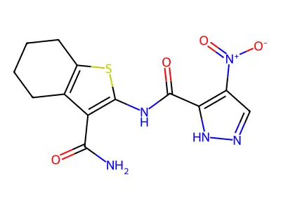 N-(3-carbamoyl-4,5,6,7-tetrahydro-1-benzothiophen-2-yl)-4-nitro-1H-pyrazole-5-carboxamide structure