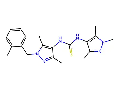 1-[3,5-dimethyl-1-[(2-methylphenyl)methyl]pyrazol-4-yl]-3-(1,3,5-trimethylpyrazol-4-yl)thiourea structure
