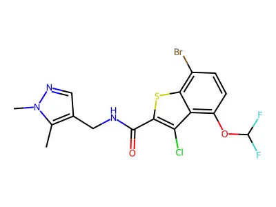7-bromo-3-chloro-4-(difluoromethoxy)-N-[(1,5-dimethyl-1H-pyrazol-4-yl)methyl]-1-benzothiophene-2-carboxamide structure