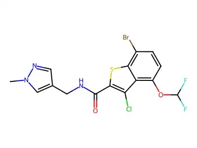 7-bromo-3-chloro-4-(difluoromethoxy)-N-[(1-methyl-1H-pyrazol-4-yl)methyl]-1-benzothiophene-2-carboxamide structure