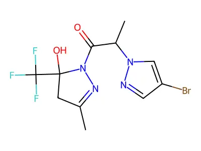 2-(4-bromopyrazol-1-yl)-1-[5-hydroxy-3-methyl-5-(trifluoromethyl)-4H-pyrazol-1-yl]propan-1-one structure