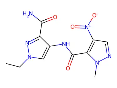 1-Ethyl-4-[(2-methyl-4-nitropyrazole-3-carbonyl)amino]pyrazole-3-carboxamide structure