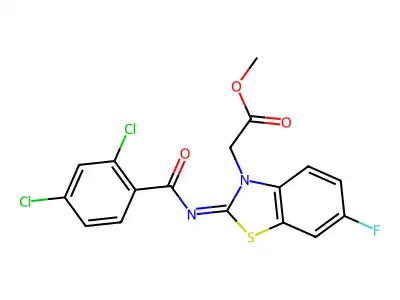 (Z)-methyl 2-(2-((2,4-dichlorobenzoyl)imino)-6-fluorobenzo[d]thiazol-3(2H)-yl)acetate structure