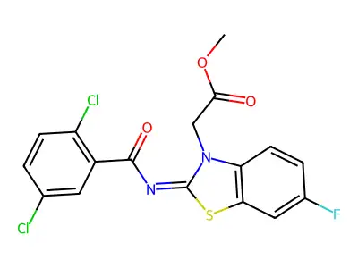 Methyl 2-[2-(2,5-dichlorobenzoyl)imino-6-fluoro-1,3-benzothiazol-3-yl]acetate structure