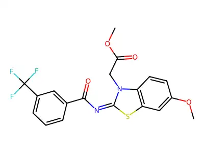 (Z)-methyl 2-(6-methoxy-2-((3-(trifluoromethyl)benzoyl)imino)benzo[d]thiazol-3(2H)-yl)acetate structure