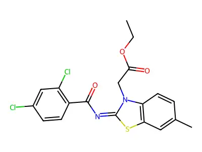 Ethyl 2-[2-(2,4-dichlorobenzoyl)imino-6-methyl-1,3-benzothiazol-3-yl]acetate structure