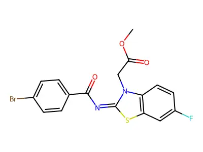 Methyl 2-[2-(4-bromobenzoyl)imino-6-fluoro-1,3-benzothiazol-3-yl]acetate structure